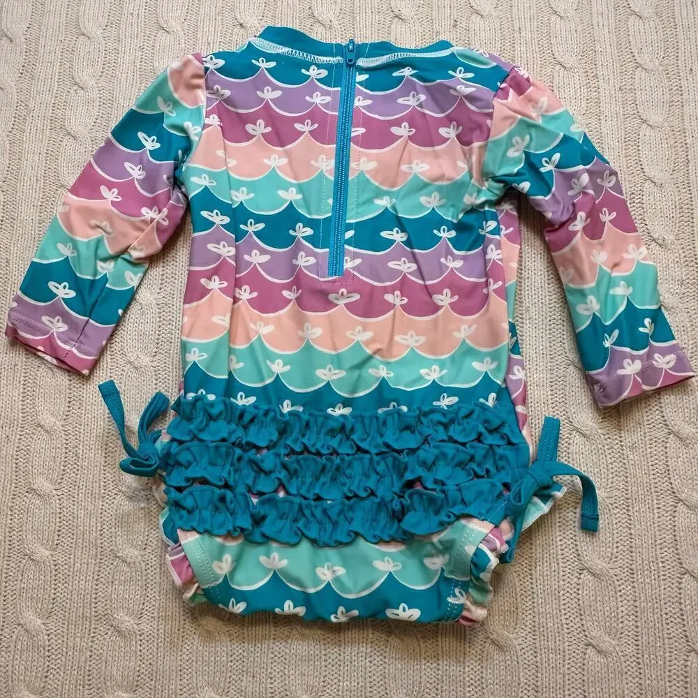 Rufflebutts Long Sleeve One Piece Rash Guard sz 6-12 months Mermaid Print